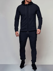 Men's Solid Color Long Sleeve Straps Sweatsuits Hoodie Zip Pockets Top