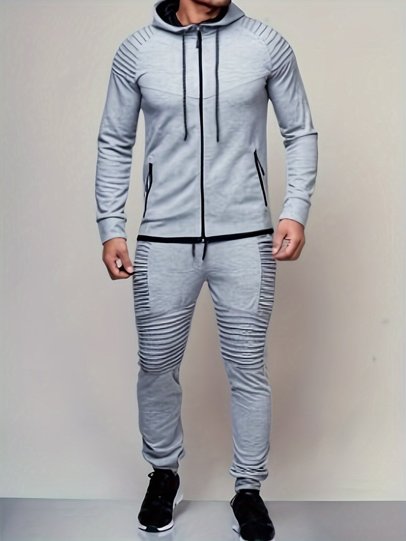 Men's Solid Color Long Sleeve Straps Sweatsuits Hoodie Zip Pockets Top