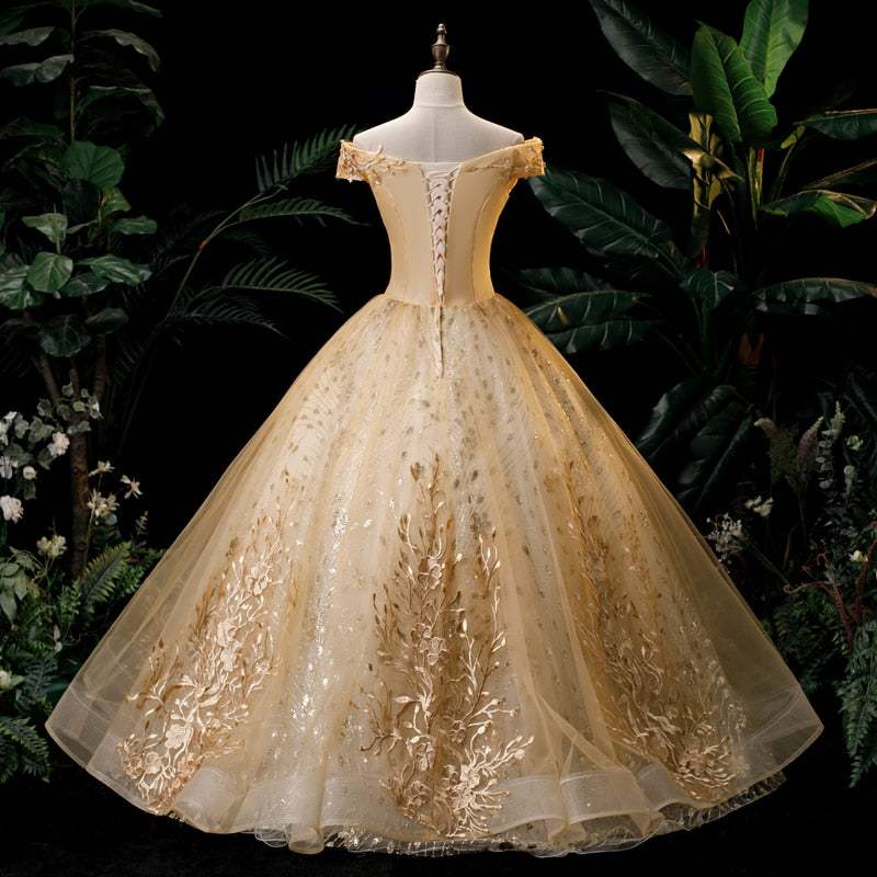 Women's Gold Quinceanera Wedding Dress Off Shoulder Party Dress - Acapparelstore