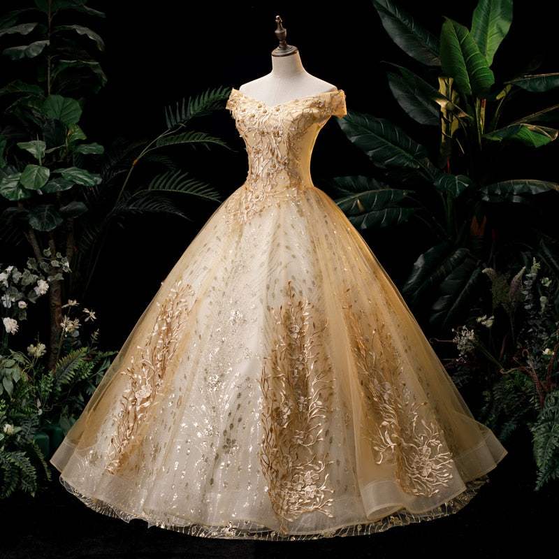 Women's Gold Quinceanera Wedding Dress Off Shoulder Party Dress - Acapparelstore