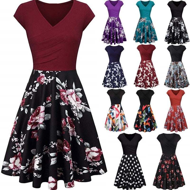-Neck Big Swing Stitching Retro SundressFloral Print Mini Dress Sexy V-Neck Big Swing Stitching Retro Sundress