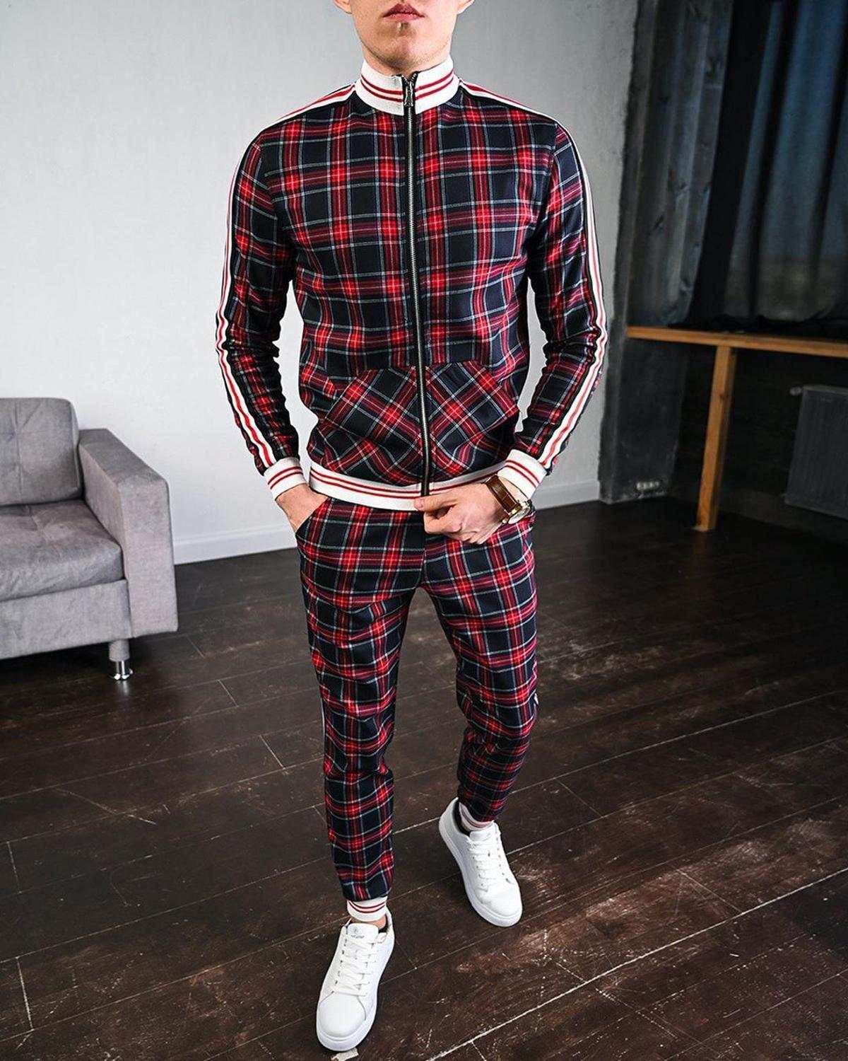 Men's Tracksuit Two-piece Striped Lattice Slim Fit Tracksuit - Acapparelstore
