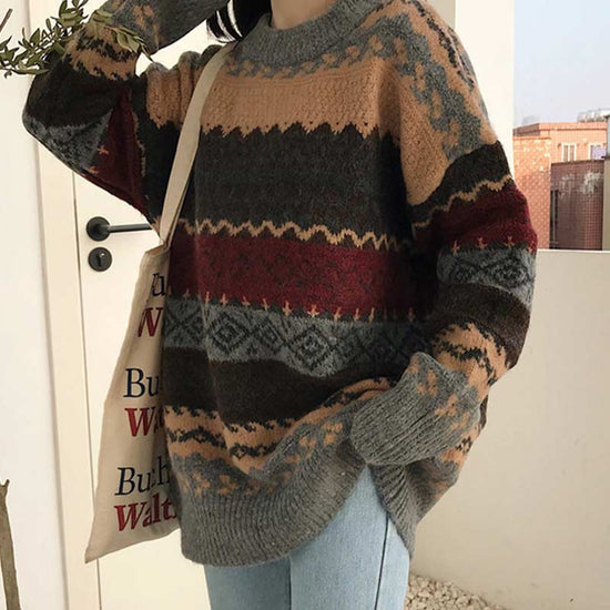 Vintage Sweater Women Knitted Pullovers Striped Winter Streetwear - Acapparelstore