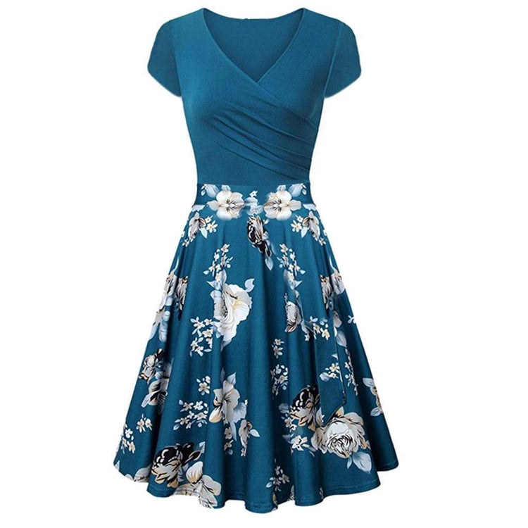 -Neck Big Swing Stitching Retro SundressFloral Print Mini Dress Sexy V-Neck Big Swing Stitching Retro Sundress
