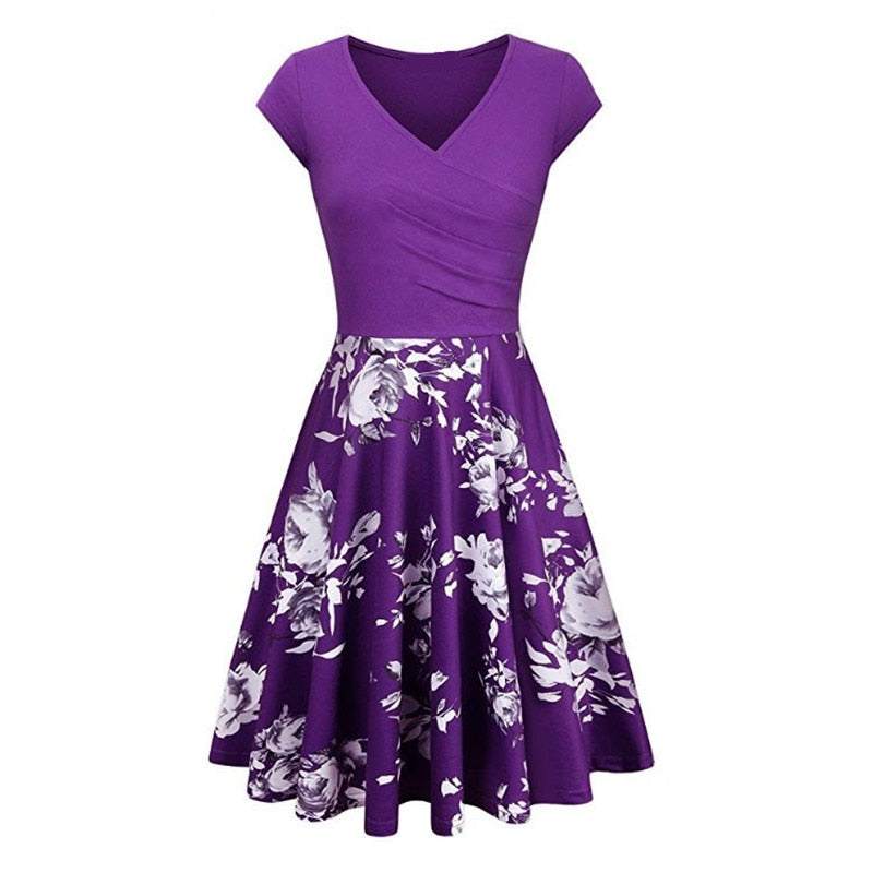 -Neck Big Swing Stitching Retro SundressFloral Print Mini Dress Sexy V-Neck Big Swing Stitching Retro Sundress