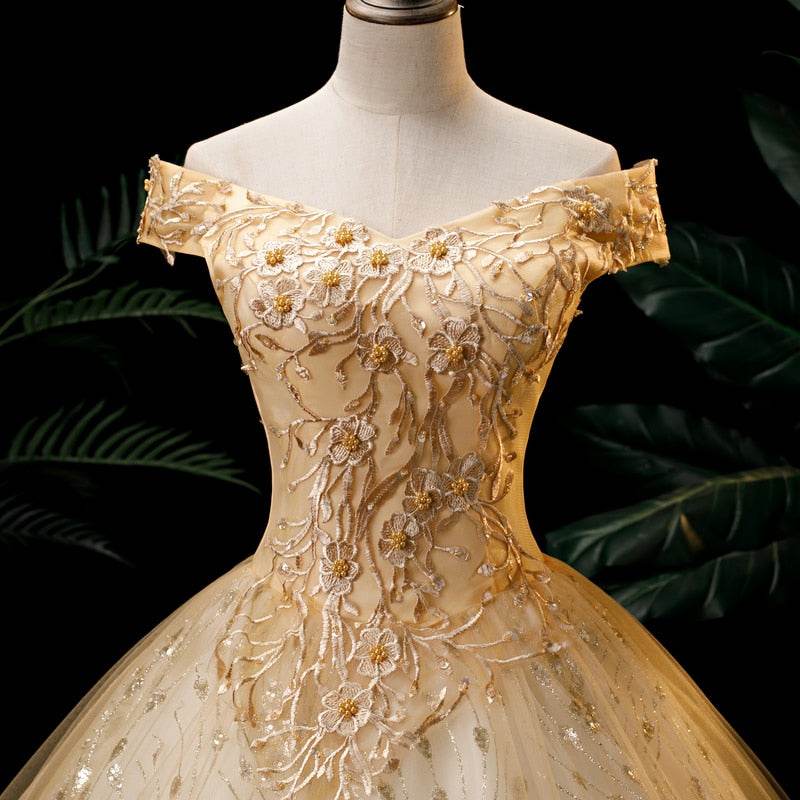 Women's Gold Quinceanera Wedding Dress Off Shoulder Party Dress - Acapparelstore