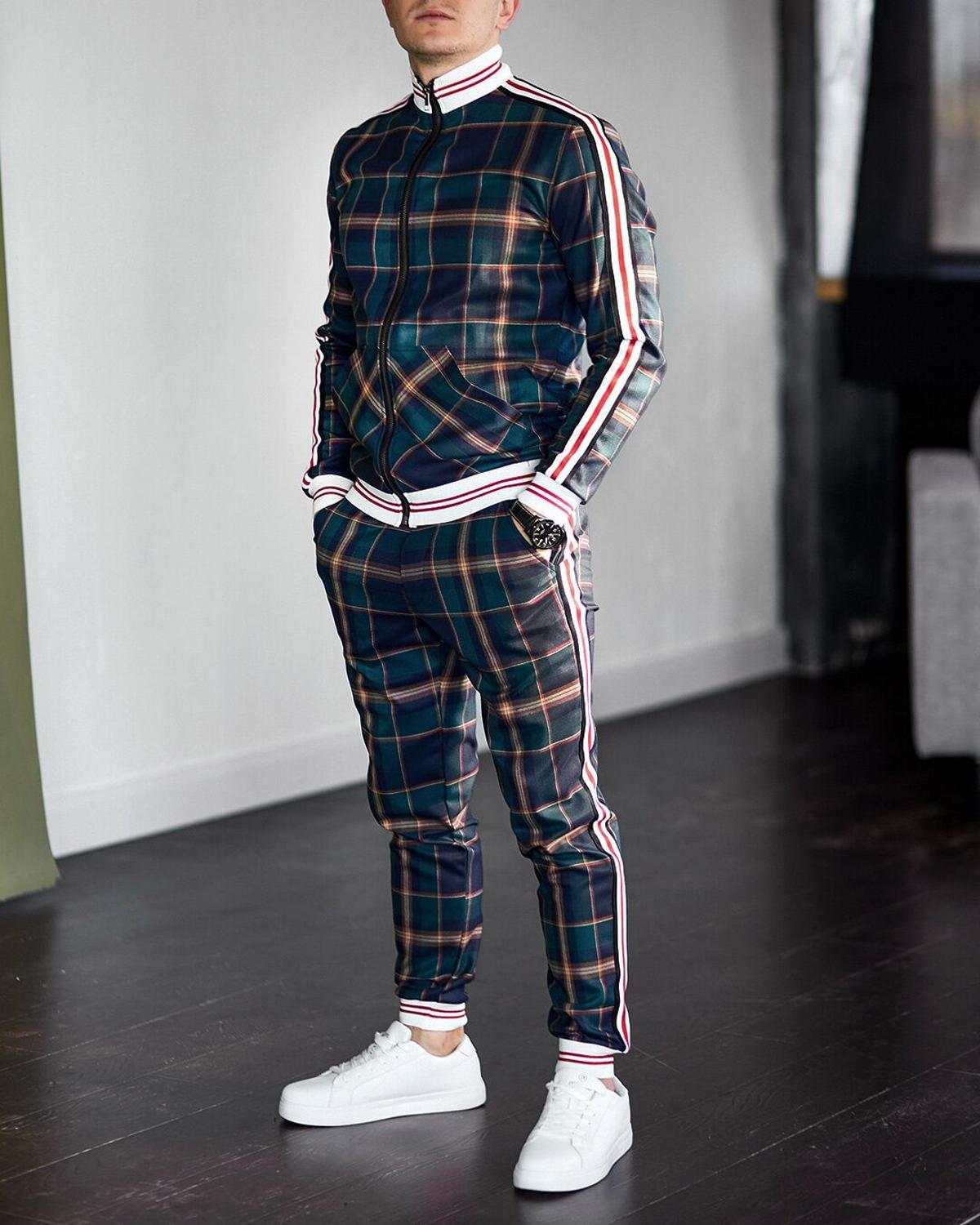 Men's Tracksuit Two-piece Striped Lattice Slim Fit Tracksuit - Acapparelstore