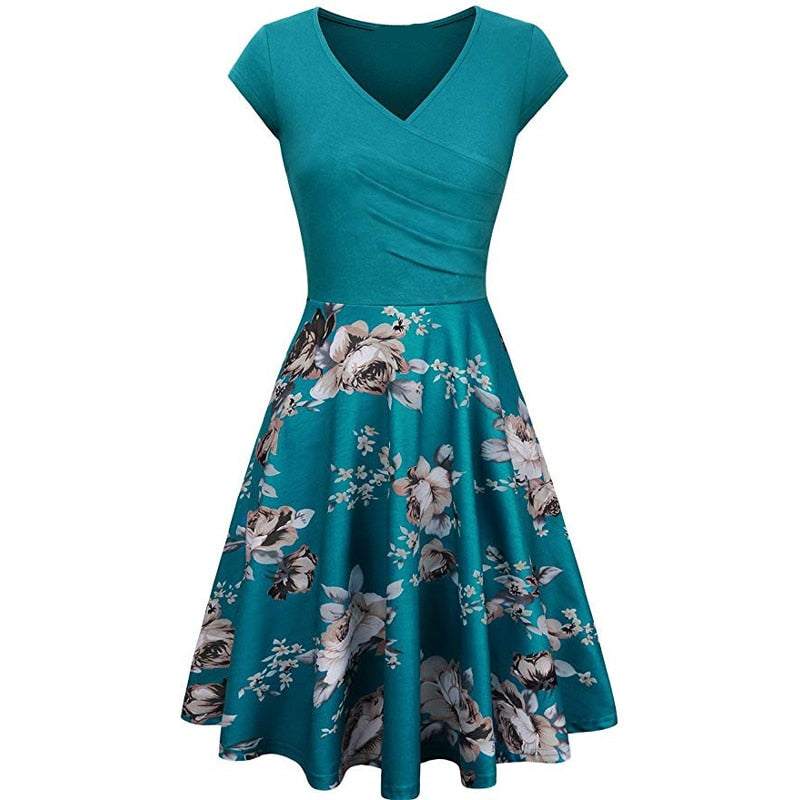 -Neck Big Swing Stitching Retro SundressFloral Print Mini Dress Sexy V-Neck Big Swing Stitching Retro Sundress