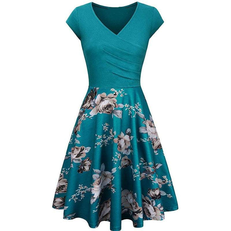 -Neck Big Swing Stitching Retro SundressFloral Print Mini Dress Sexy V-Neck Big Swing Stitching Retro Sundress