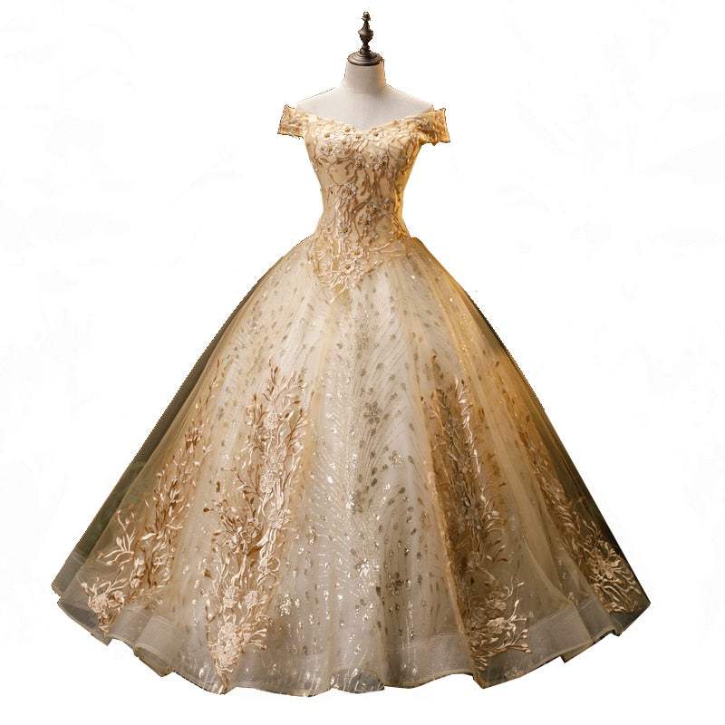 Women's Gold Quinceanera Wedding Dress Off Shoulder Party Dress - Acapparelstore