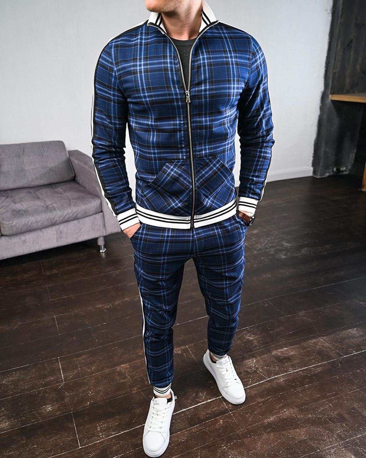 Men's Tracksuit Two-piece Striped Lattice Slim Fit Tracksuit - Acapparelstore