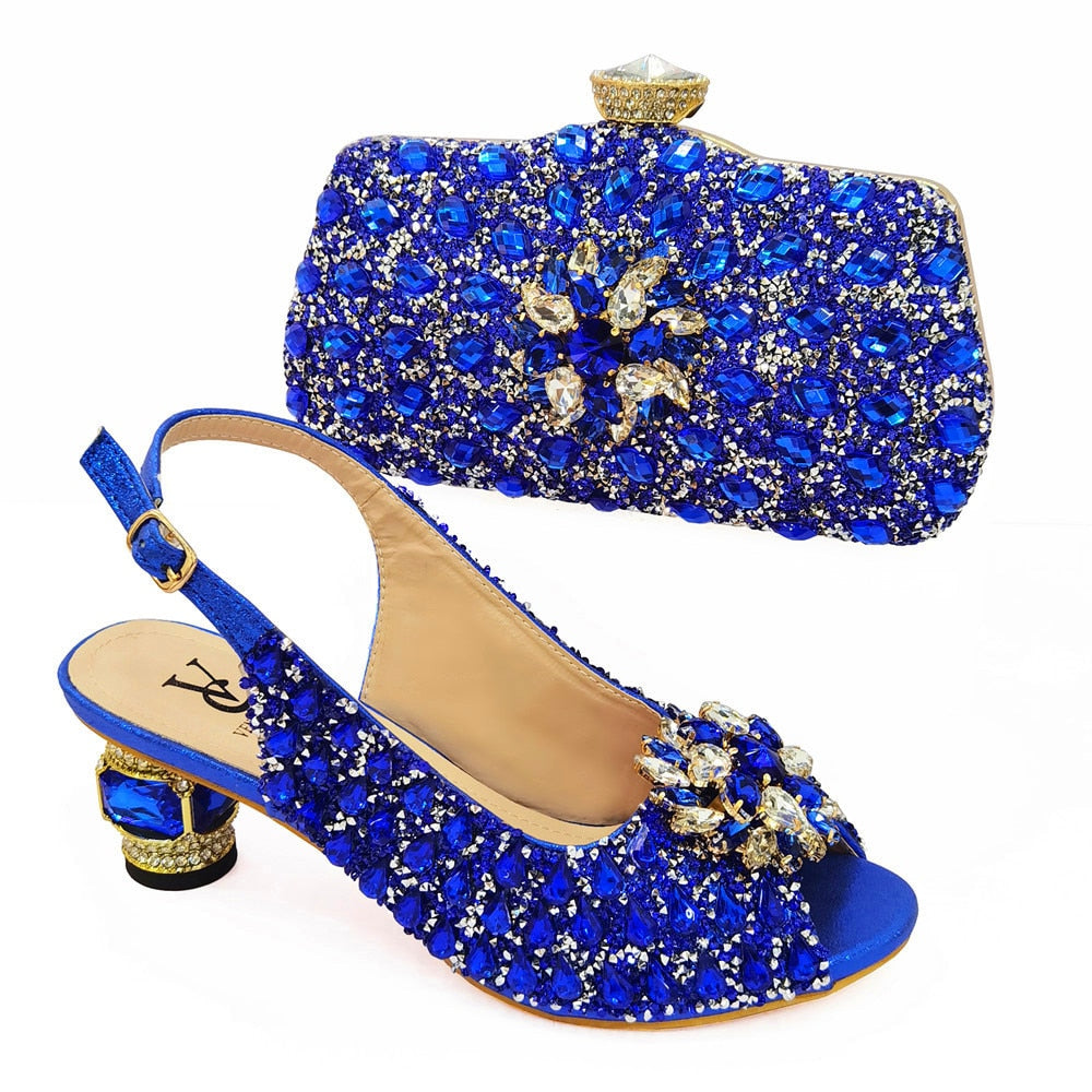 Lady's Italian Leather Shoe and Bag Set Blue Color Shoe with Matching Bag - Acapparelstore