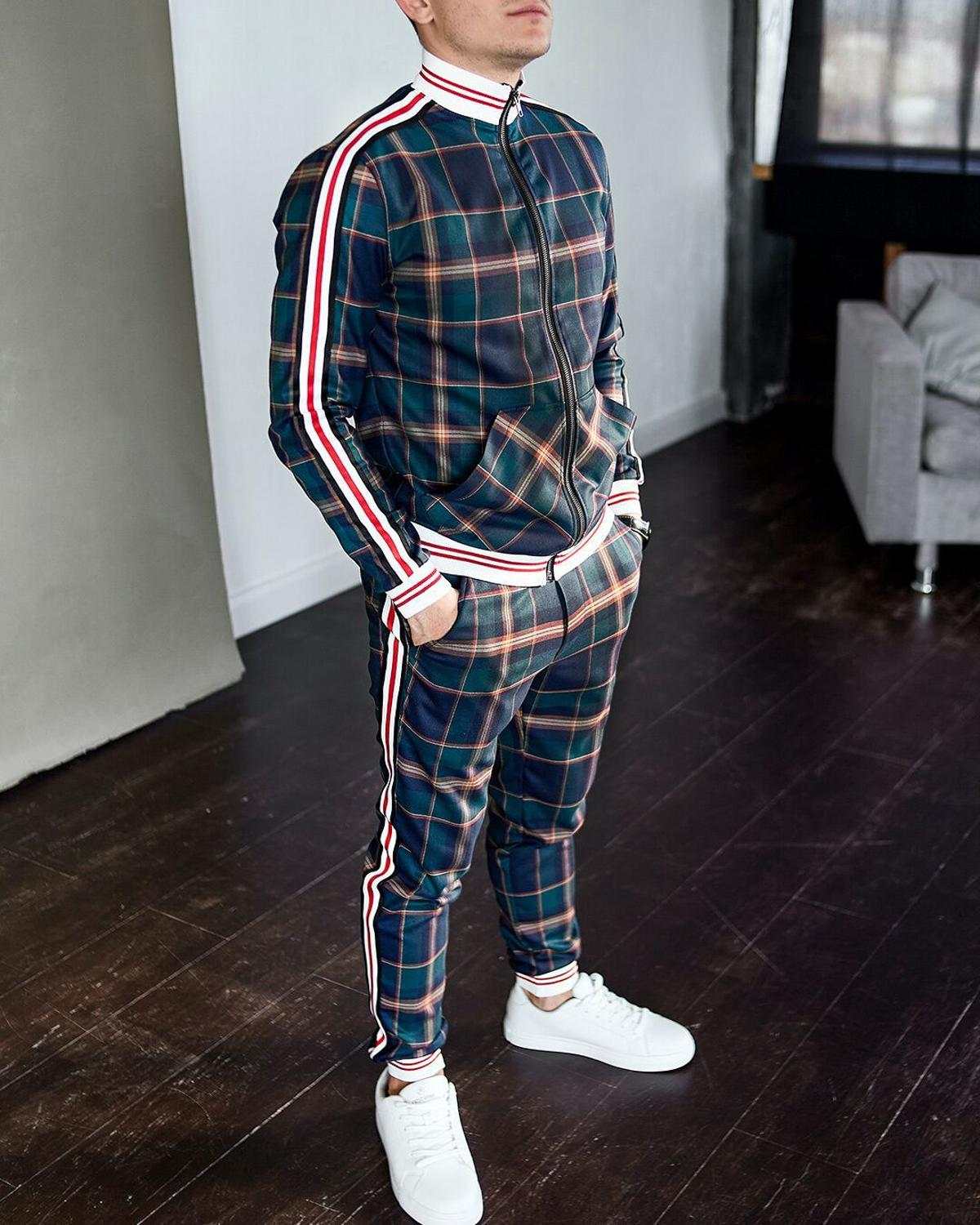 Men's Tracksuit Two-piece Striped Lattice Slim Fit Tracksuit - Acapparelstore