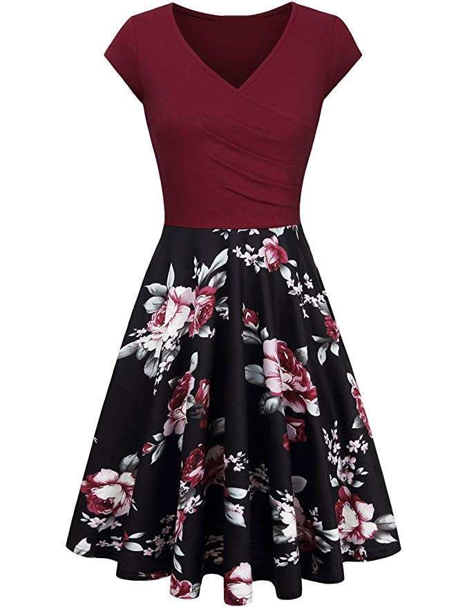 -Neck Big Swing Stitching Retro SundressFloral Print Mini Dress Sexy V-Neck Big Swing Stitching Retro Sundress
