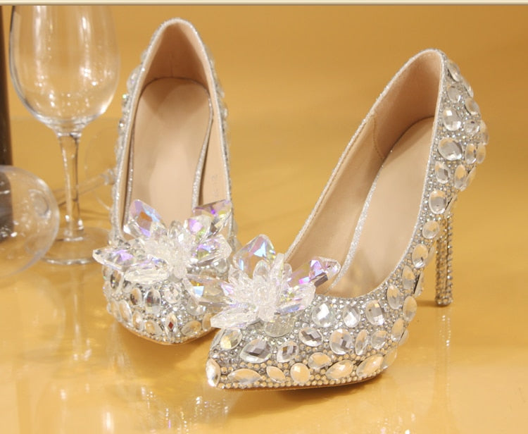 Silver Crystal Wedding Shoes Rhinestone Pearl Beaded ShoesWomen&