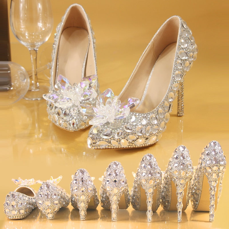 Silver Crystal Wedding Shoes Rhinestone Pearl Beaded ShoesWomen&