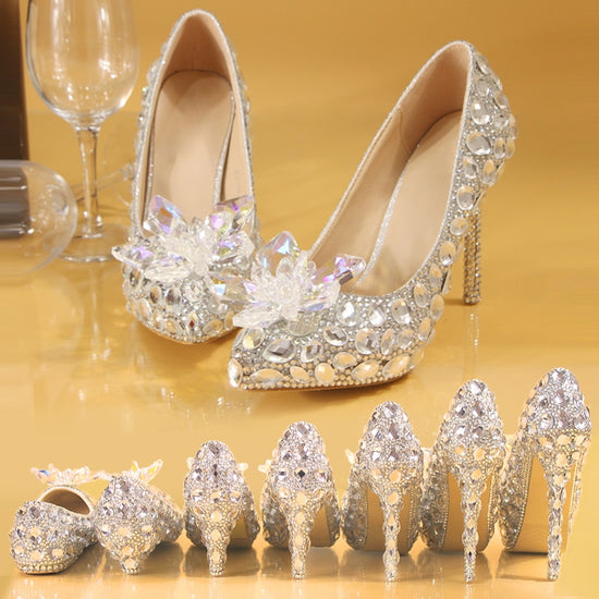 Silver Crystal Wedding Shoes Rhinestone Pearl Beaded ShoesWomen&