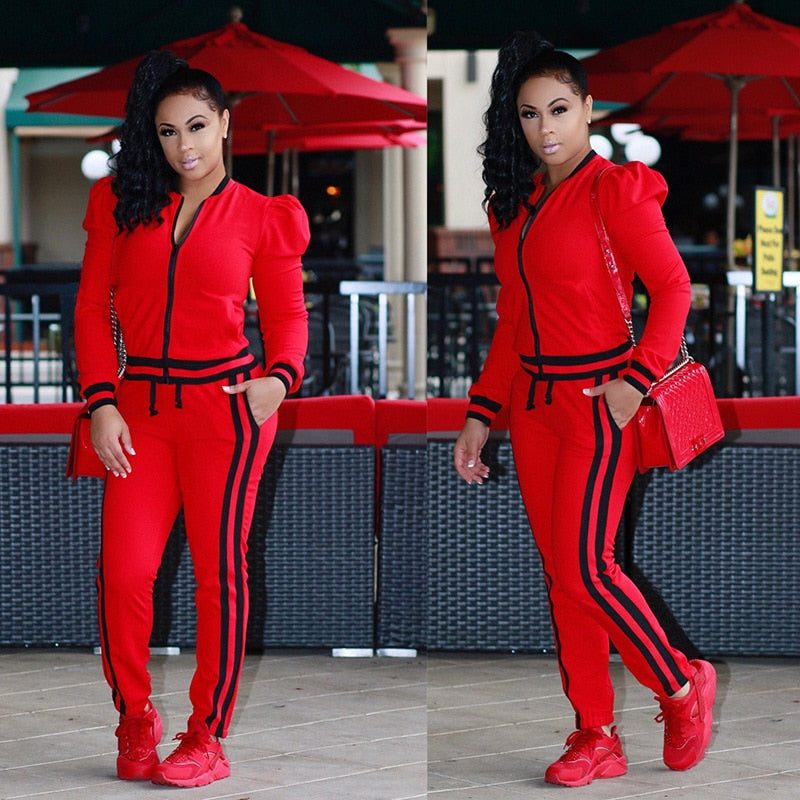 Women's Tracksuits Two Piece Stripe Jogger V Neck Sweatsuits Plus Size - Acapparelstore