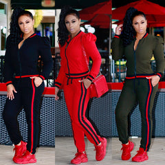 Women's Tracksuits Two Piece Stripe Jogger V Neck Sweatsuits Plus Size - Acapparelstore