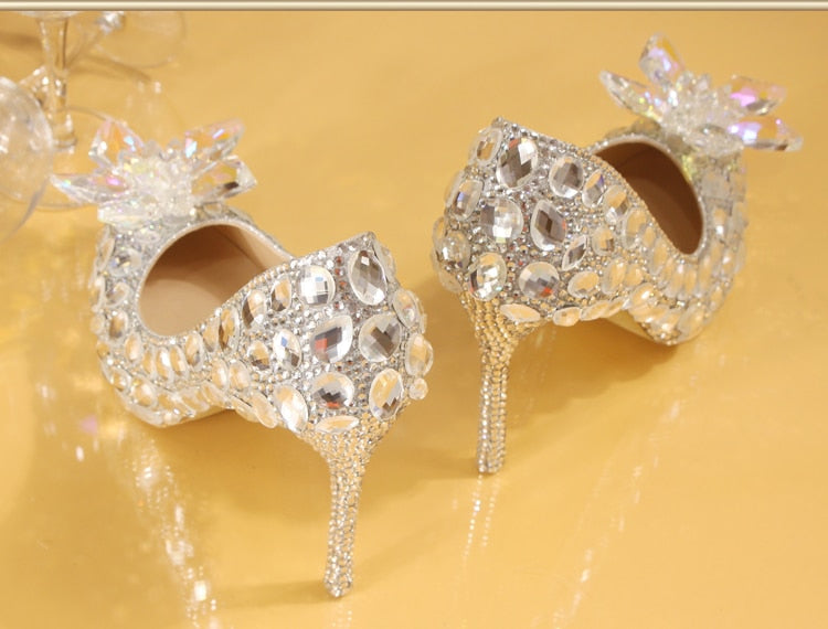 Silver Crystal Wedding Shoes Rhinestone Pearl Beaded ShoesWomen's Silver Crystal Wedding Shoes Rhinestone Pearl Beaded Shoes