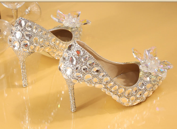 Silver Crystal Wedding Shoes Rhinestone Pearl Beaded ShoesWomen&