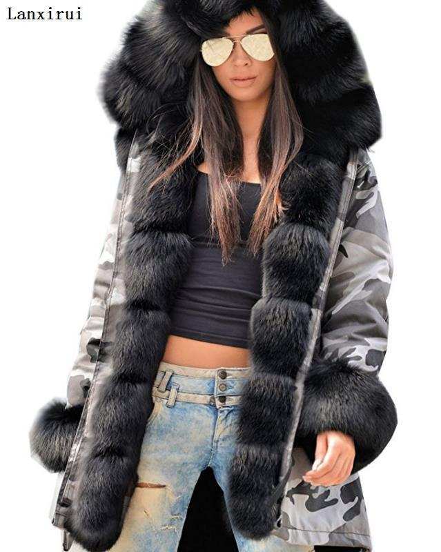 Parka Coats Thick Large Fur Collar Hooded Warm Coatwomen&