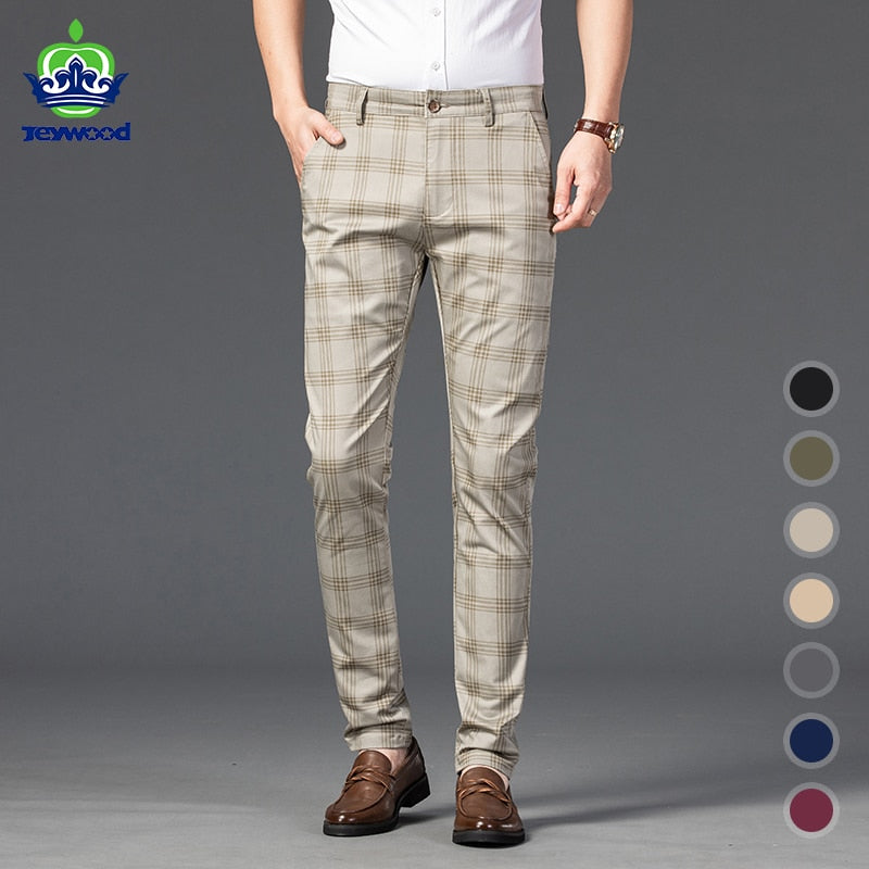 Wood Brand Autumn Plaid Pants Men Cotton Formal Work Business Pants - Acapparelstore