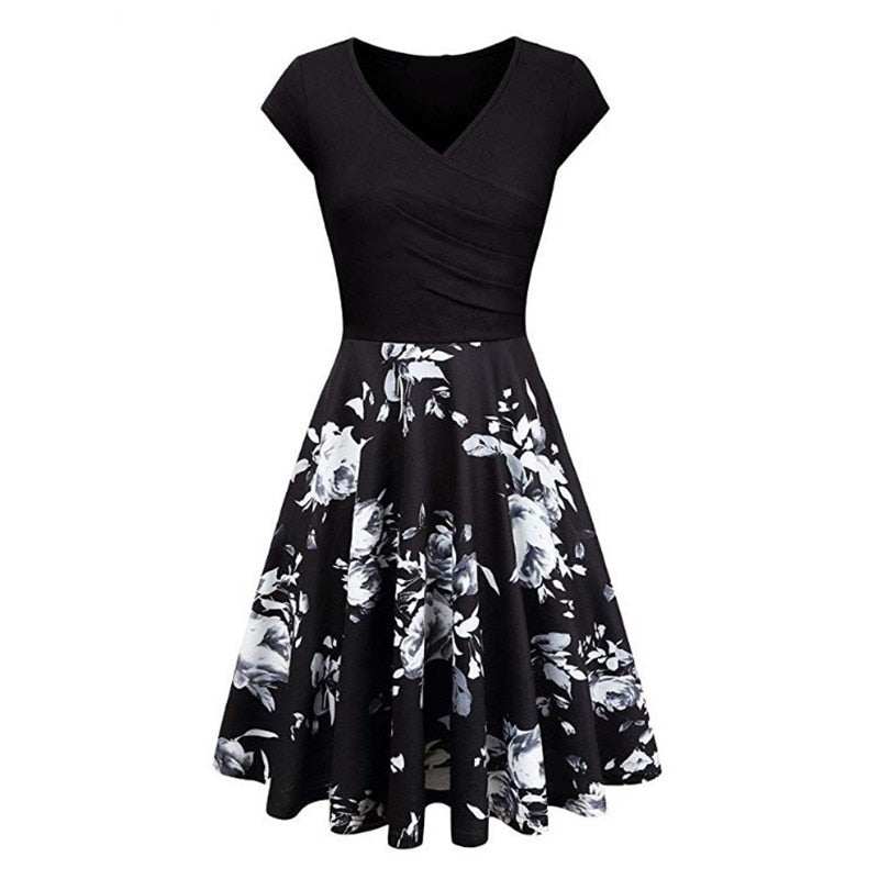 -Neck Big Swing Stitching Retro SundressFloral Print Mini Dress Sexy V-Neck Big Swing Stitching Retro Sundress