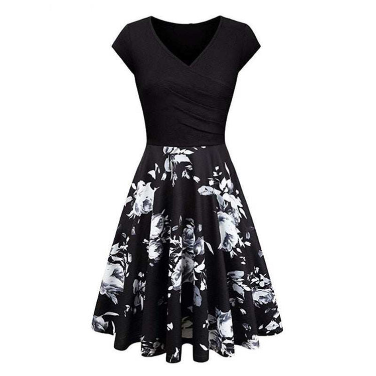 -Neck Big Swing Stitching Retro SundressFloral Print Mini Dress Sexy V-Neck Big Swing Stitching Retro Sundress