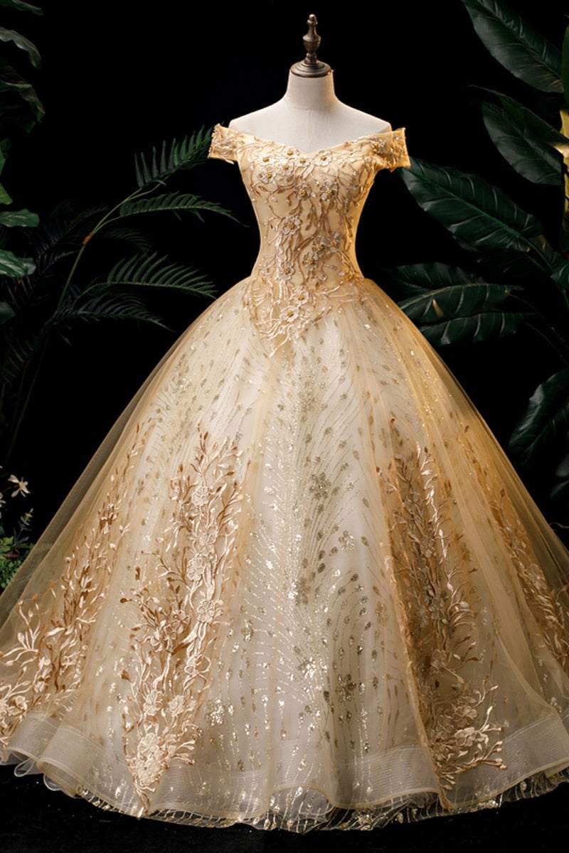 Women's Gold Quinceanera Wedding Dress Off Shoulder Party Dress - Acapparelstore