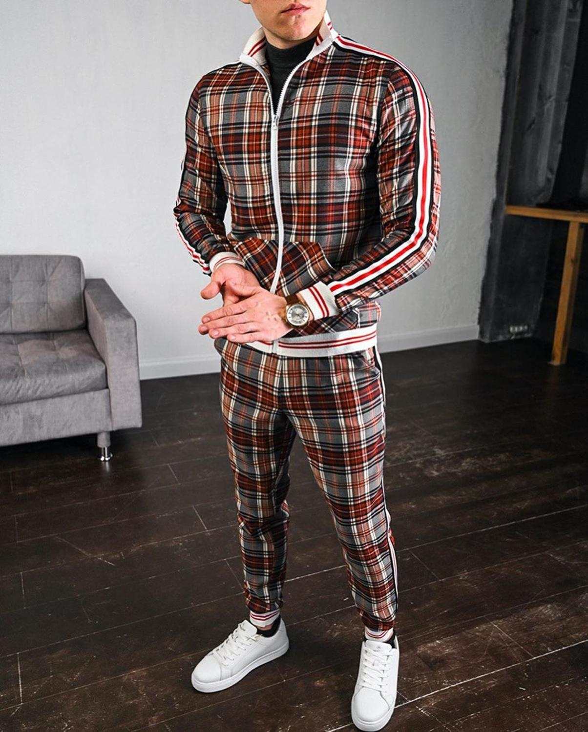 Men's Tracksuit Two-piece Striped Lattice Slim Fit Tracksuit - Acapparelstore