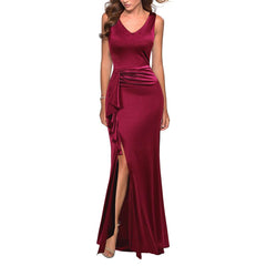 Women's V Neck Satin Ruffles Elegant Bridesmaid Formal Gowns - Acapparelstore