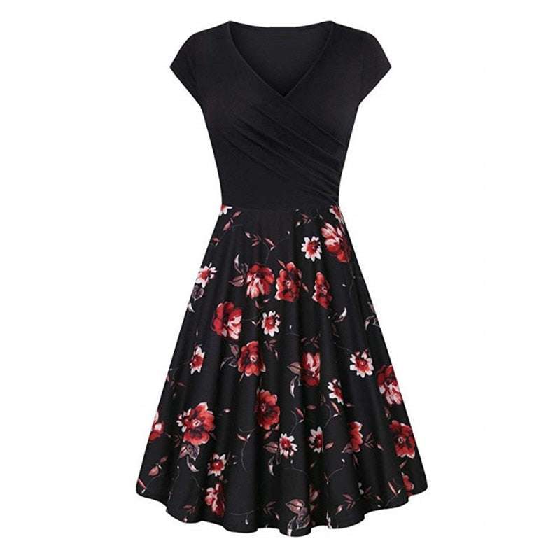 -Neck Big Swing Stitching Retro SundressFloral Print Mini Dress Sexy V-Neck Big Swing Stitching Retro Sundress