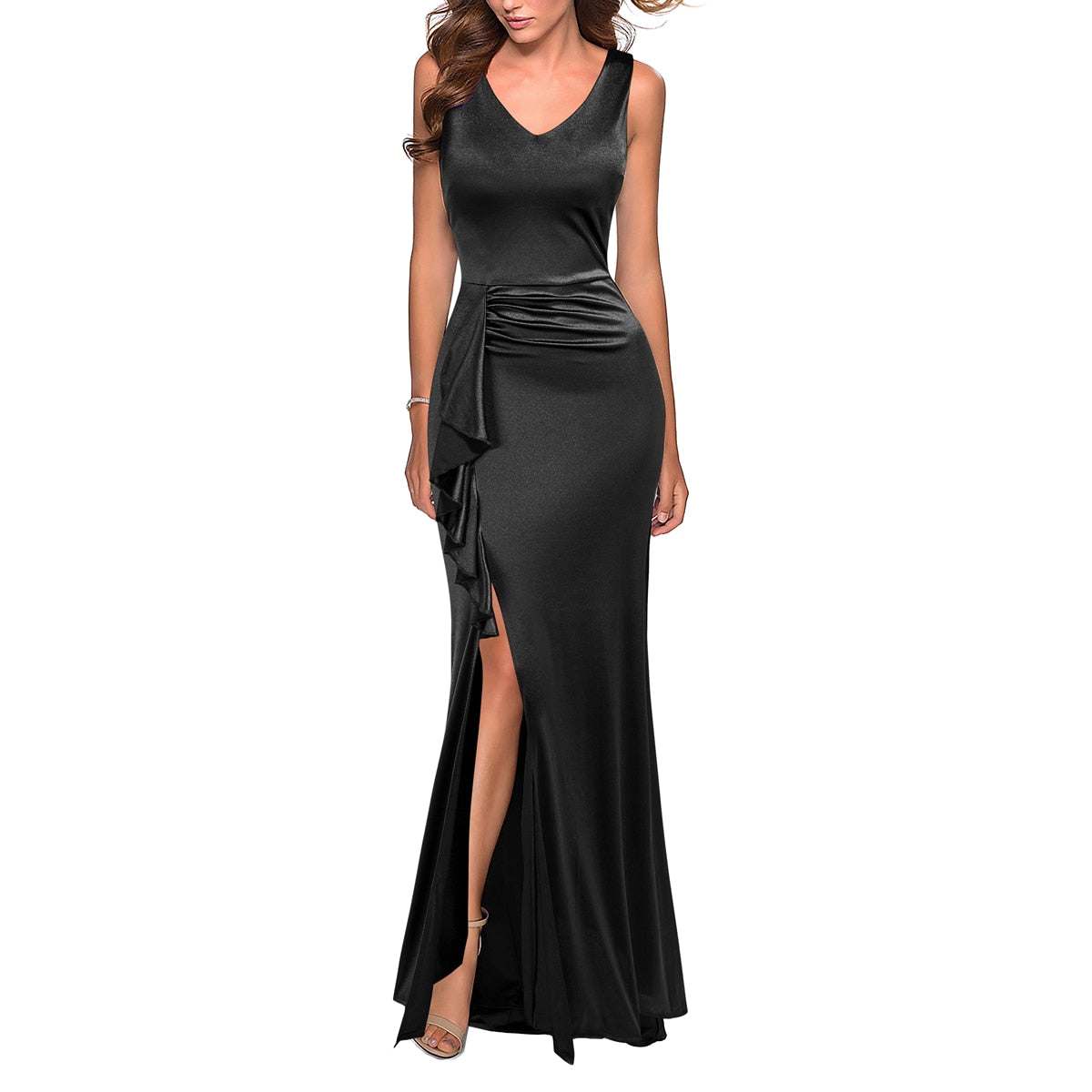 Women's V Neck Satin Ruffles Elegant Bridesmaid Formal Gowns - Acapparelstore