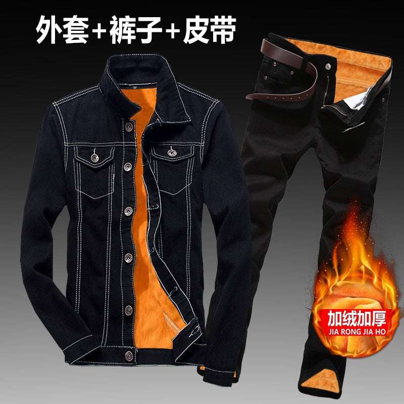 Women Men Denim Fleece Lining Thick Warm Solid Denim Set - Acapparelstore