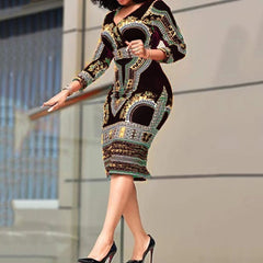African Ladies Dresses Elegant Wrist High Waist V Neck Vintage Working Dress - Acapparelstore