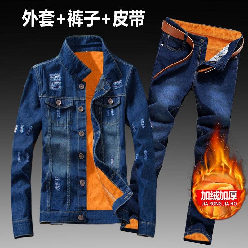 Women Men Denim Fleece Lining Thick Warm Solid Denim Set - Acapparelstore