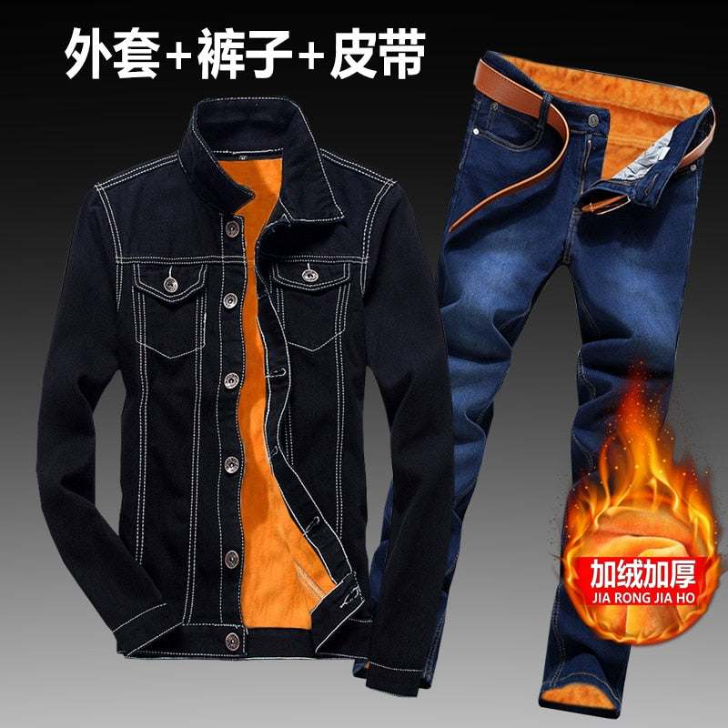 Women Men Denim Fleece Lining Thick Warm Solid Denim Set - Acapparelstore