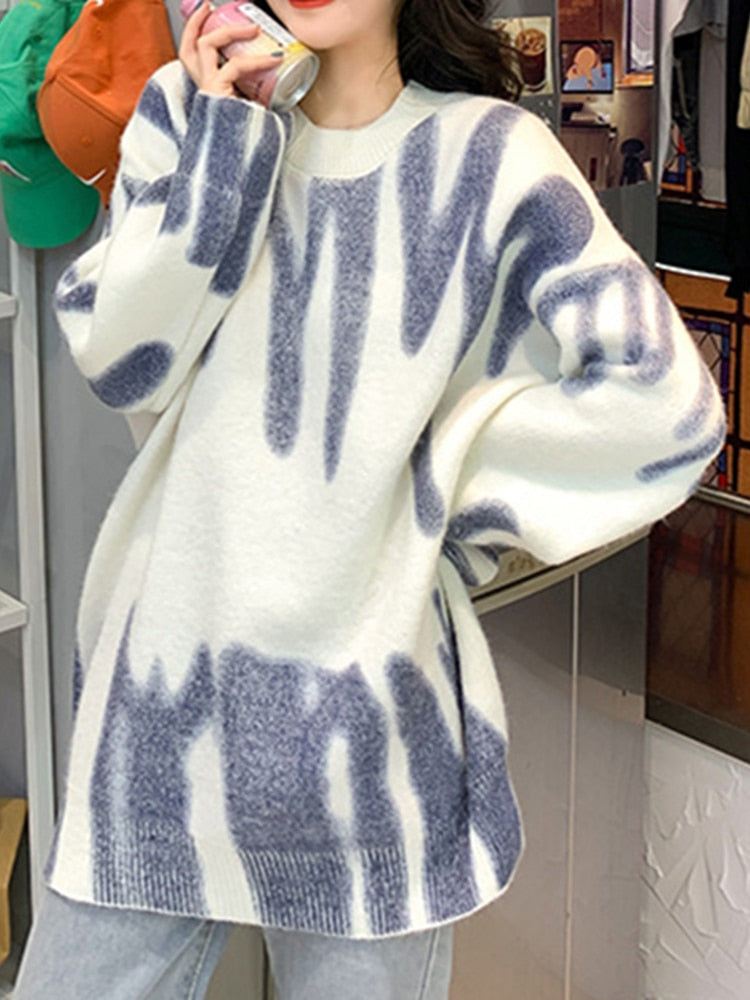 Print Knitted Sweater Women Elegant Green Striped Pullovers Sweater - Acapparelstore