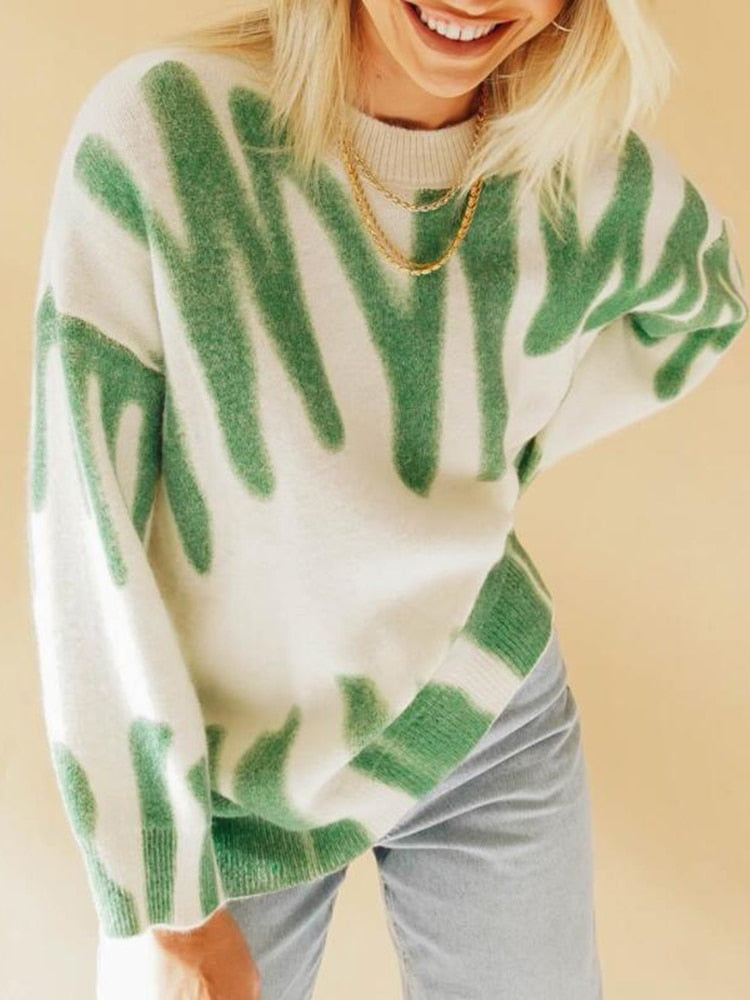 Print Knitted Sweater Women Elegant Green Striped Pullovers Sweater - Acapparelstore