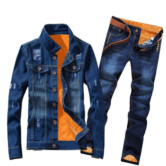 Women Men Denim Fleece Lining Thick Warm Solid Denim Set - Acapparelstore