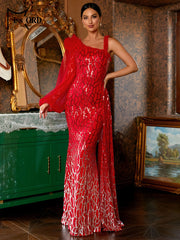 Red Wedding Formal Dress WomenNew Red Wedding Formal Dress Women One Shoulder Mesh Lantern Sleeve Dr