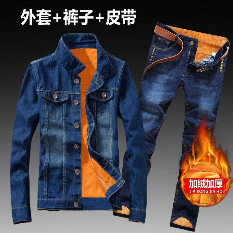 Women Men Denim Fleece Lining Thick Warm Solid Denim Set - Acapparelstore