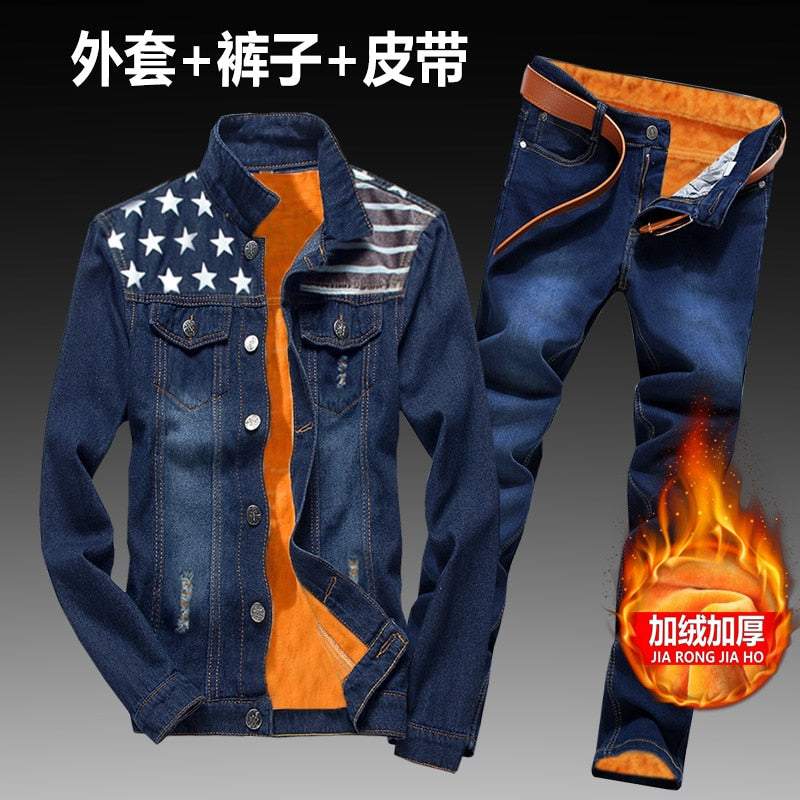 Women Men Denim Fleece Lining Thick Warm Solid Denim Set - Acapparelstore