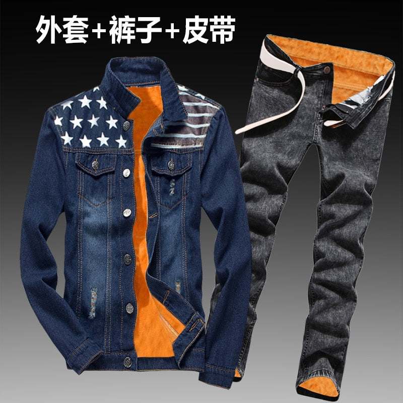 Women Men Denim Fleece Lining Thick Warm Solid Denim Set - Acapparelstore