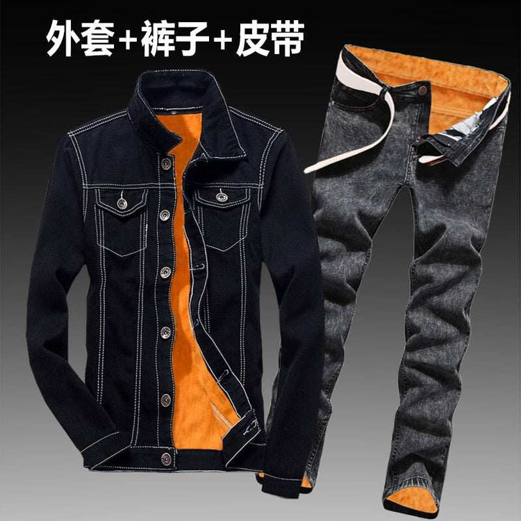 Women Men Denim Fleece Lining Thick Warm Solid Denim Set - Acapparelstore