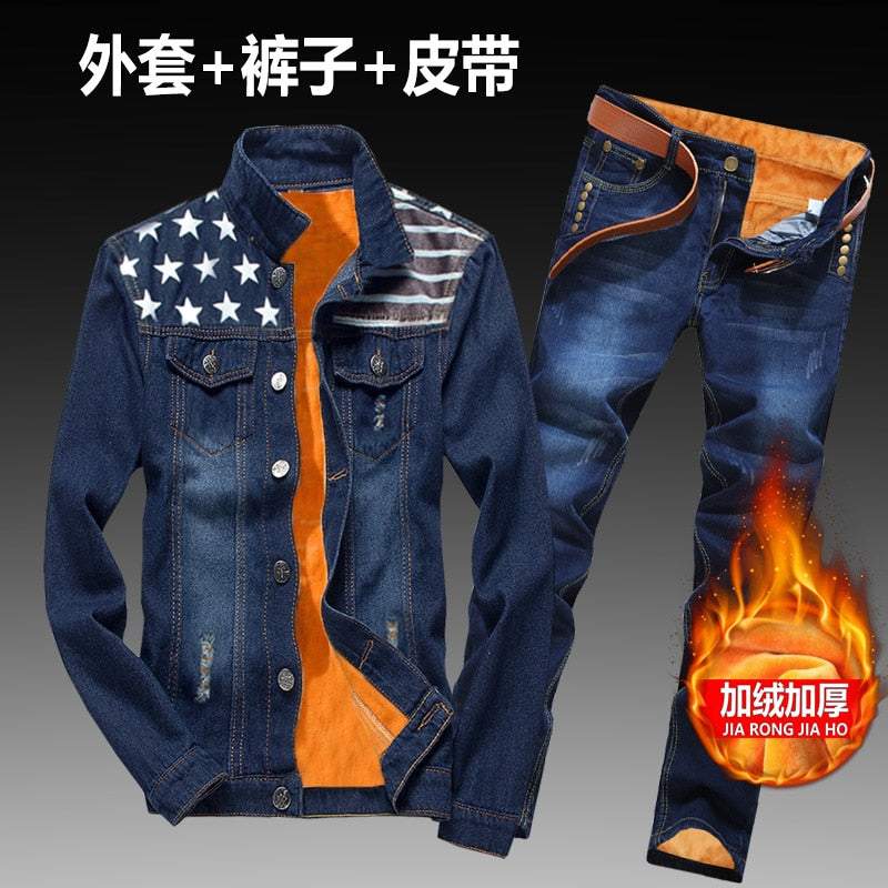 Women Men Denim Fleece Lining Thick Warm Solid Denim Set - Acapparelstore