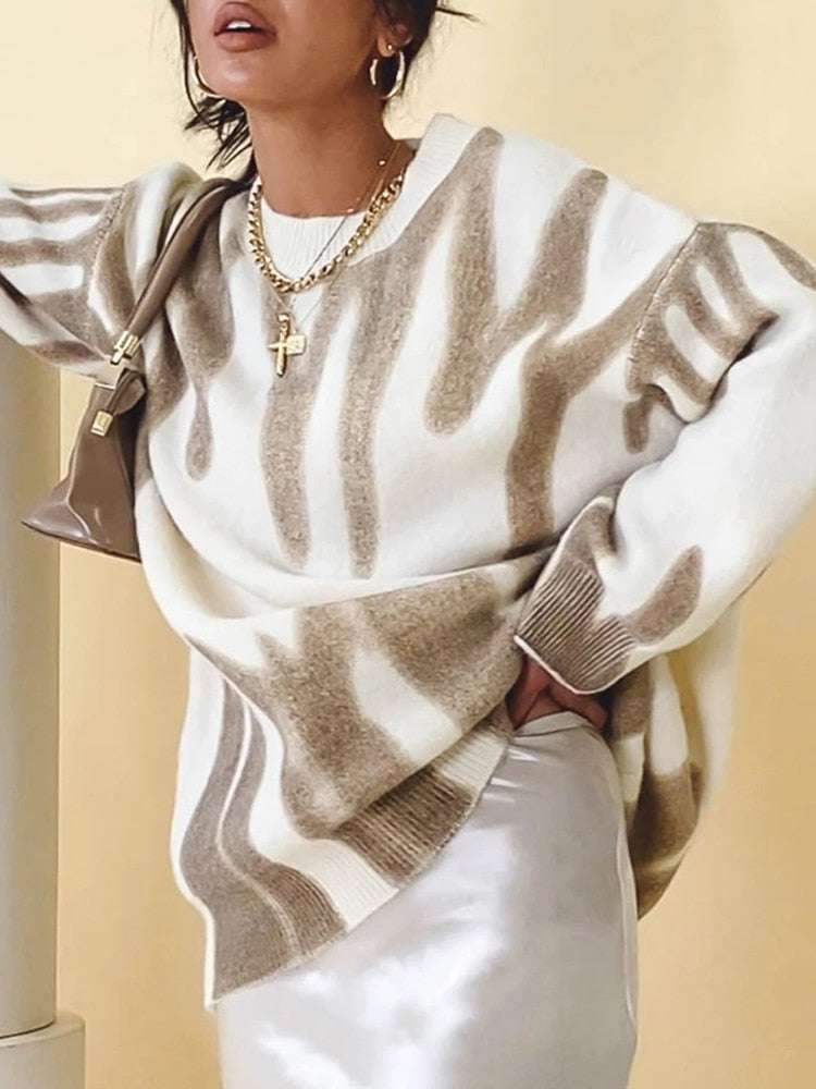 Print Knitted Sweater Women Elegant Green Striped Pullovers Sweater - Acapparelstore