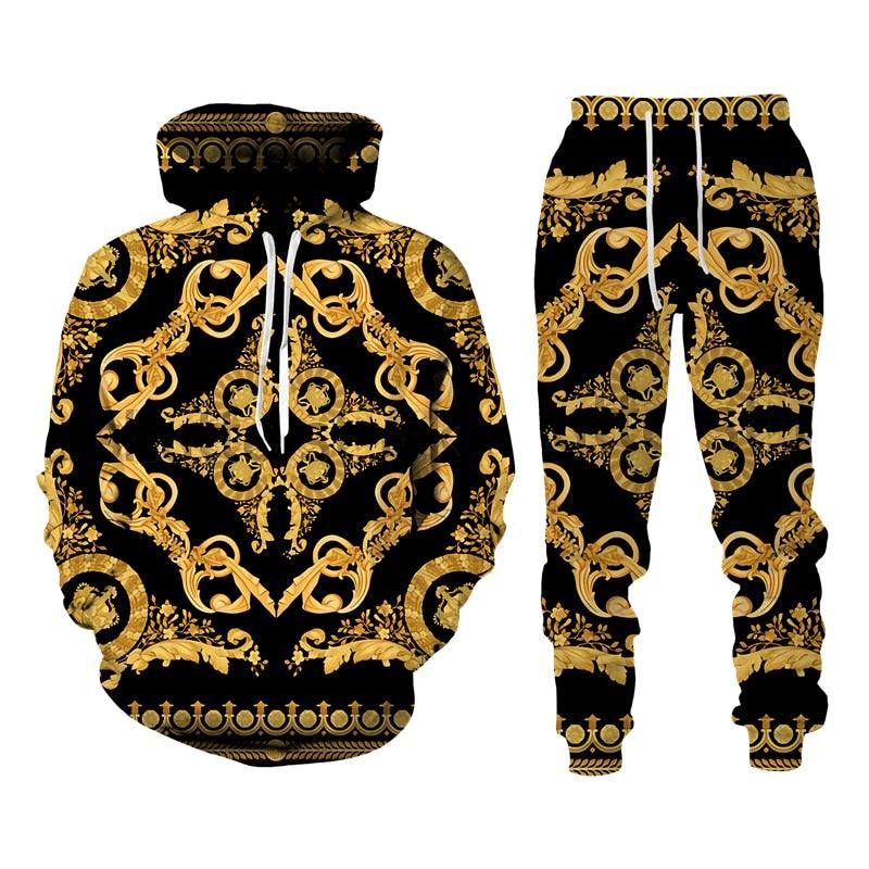 Baroque Style Sweatsuit 3D Printed Crown Golden Chain Hoodie Sweatsuit - Acapparelstore