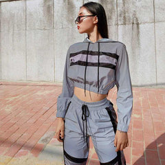 Pieces Tracksuit Silver Sets Patchwork CropWomen's Reflective Two Pieces Tracksuit Silver Sets Patchwork Crop